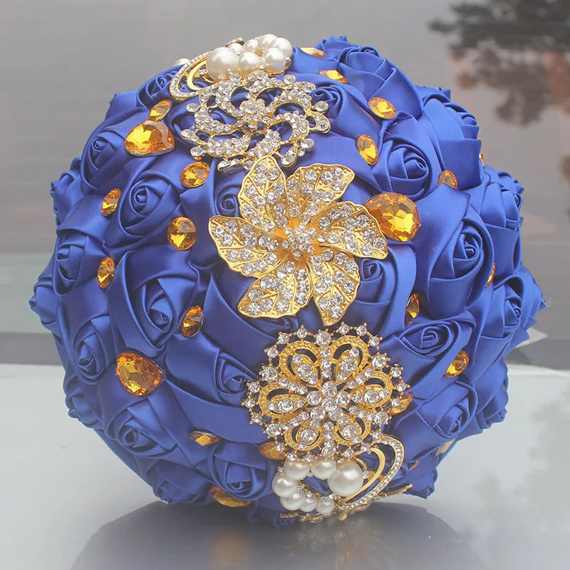 Gold Brooch Diamond Bridal Wedding Bouquets Bridal Crystal Silk Flowers Bridal Bouquets de noiva Factory Custom W227Q  