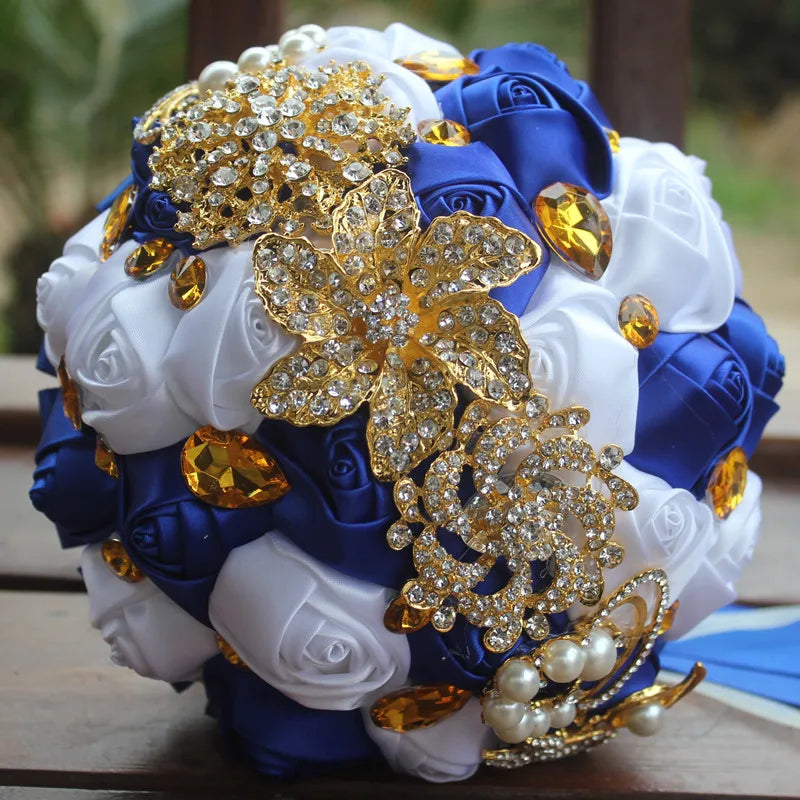 Gold Brooch Diamond Bridal Wedding Bouquets Bridal Crystal Silk Flowers Bridal Bouquets de noiva Factory Custom W227Q  