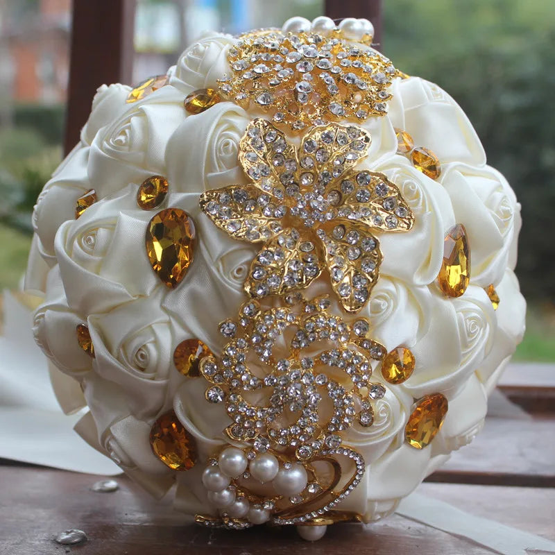 Gold Brooch Diamond Bridal Wedding Bouquets Bridal Crystal Silk Flowers Bridal Bouquets de noiva Factory Custom W227Q  