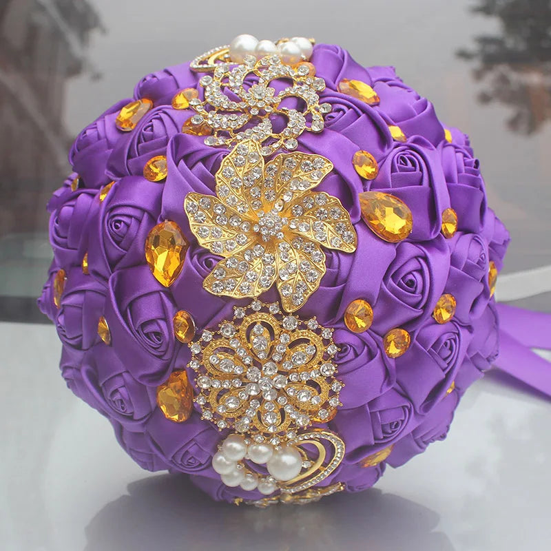 Gold Brooch Diamond Bridal Wedding Bouquets Bridal Crystal Silk Flowers Bridal Bouquets de noiva Factory Custom W227Q  