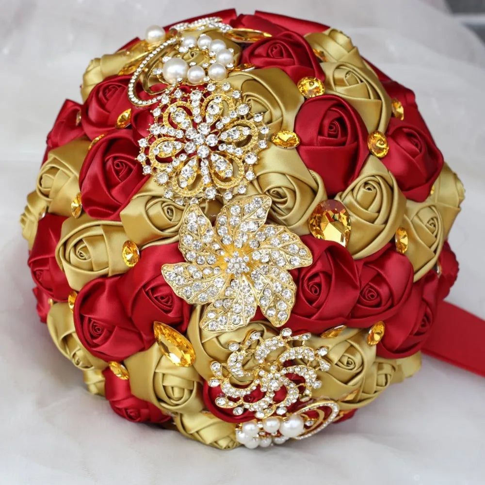 Gold Brooch Diamond Bridal Wedding Bouquets Bridal Crystal Silk Flowers Bridal Bouquets de noiva Factory Custom W227Q  