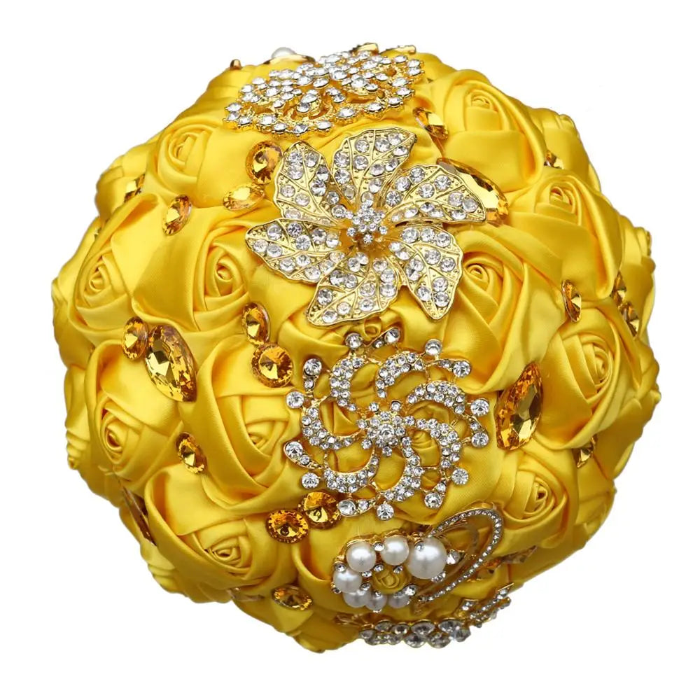 Gold Brooch Diamond Bridal Wedding Bouquets Bridal Crystal Silk Flowers Bridal Bouquets de noiva Factory Custom W227Q  