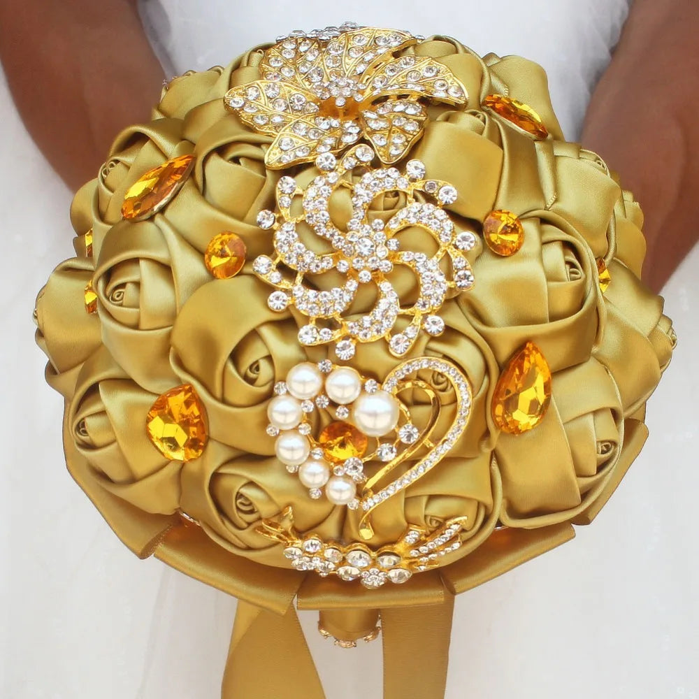 Gold Brooch Diamond Bridal Wedding Bouquets Bridal Crystal Silk Flowers Bridal Bouquets de noiva Factory Custom W227Q  