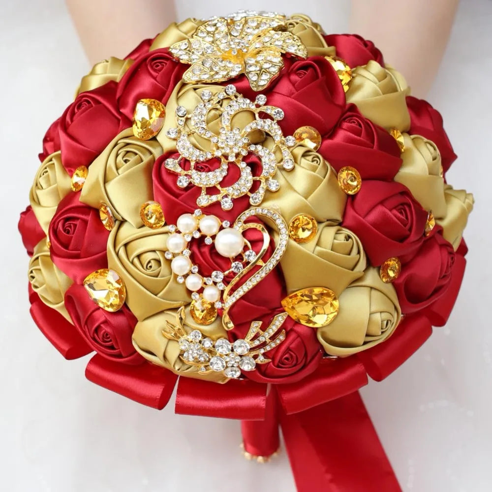 Gold Brooch Diamond Bridal Wedding Bouquets Bridal Crystal Silk Flowers Bridal Bouquets de noiva Factory Custom W227Q  