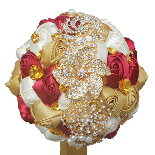 Gold Brooch Diamond Bridal Wedding Bouquets Bridal Crystal Silk Flowers Bridal Bouquets de noiva Factory Custom W227Q  