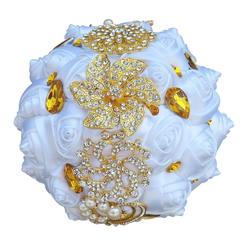 Gold Brooch Diamond Bridal Wedding Bouquets Bridal Crystal Silk Flowers Bridal Bouquets de noiva Factory Custom W227Q  