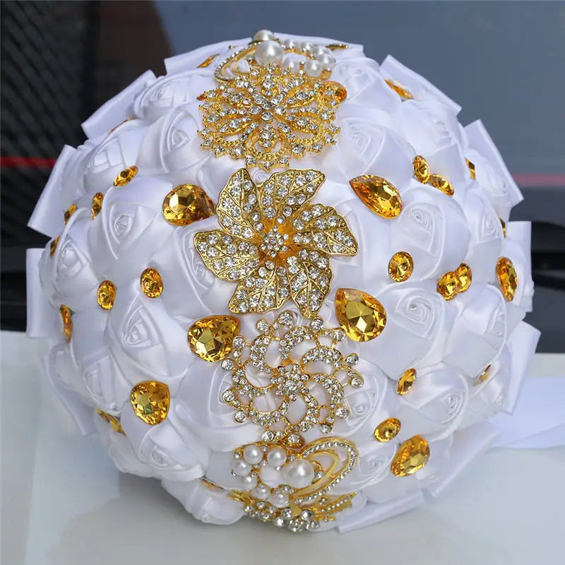 Gold Brooch Diamond Bridal Wedding Bouquets Bridal Crystal Silk Flowers Bridal Bouquets de noiva Factory Custom W227Q  