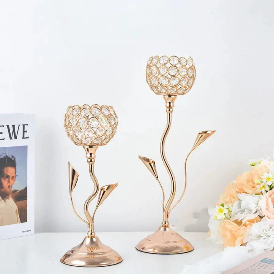 Gold Crystal Candle Holder, Iron Flower Shaped Candlestick  