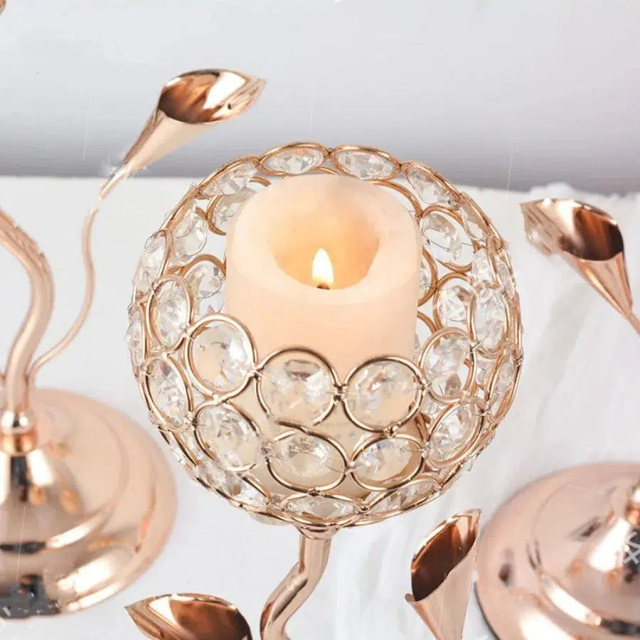 Gold Crystal Candle Holder, Iron Flower Shaped Candlestick  