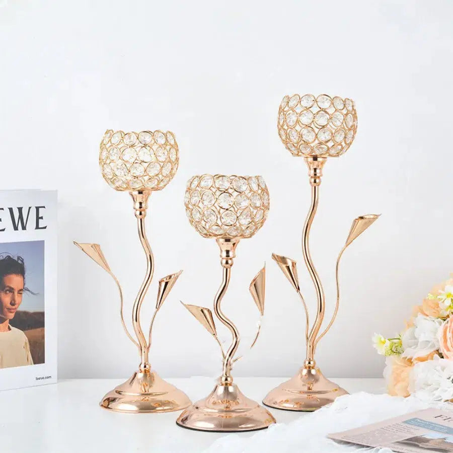 Gold Crystal Candle Holder, Iron Flower Shaped Candlestick  