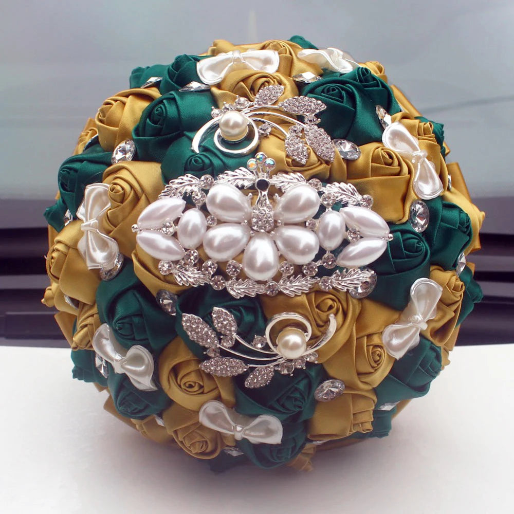 Golden with Emerald Green Artificial Rose Bride Bouquet with Diamond Ribbon  