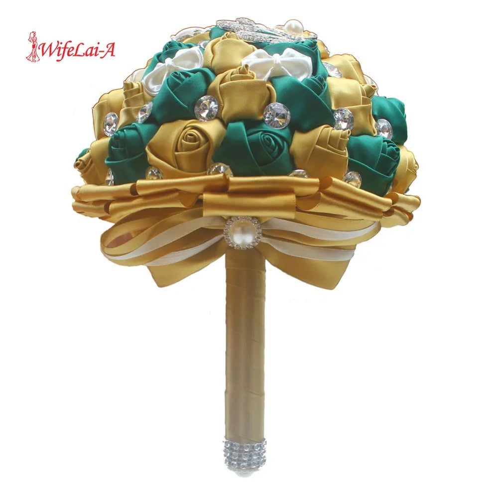 Golden with Emerald Green Artificial Rose Bride Bouquet with Diamond Ribbon  