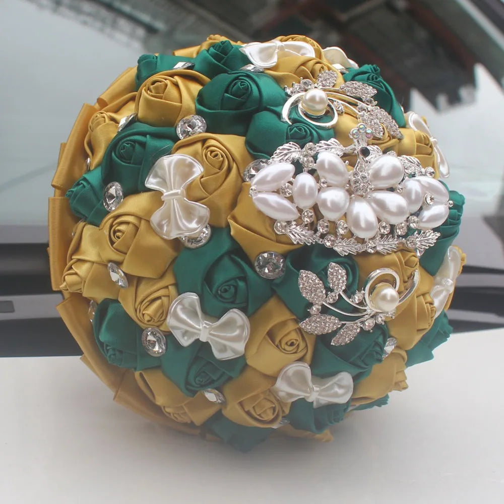 Golden with Emerald Green Artificial Rose Bride Bouquet with Diamond Ribbon  