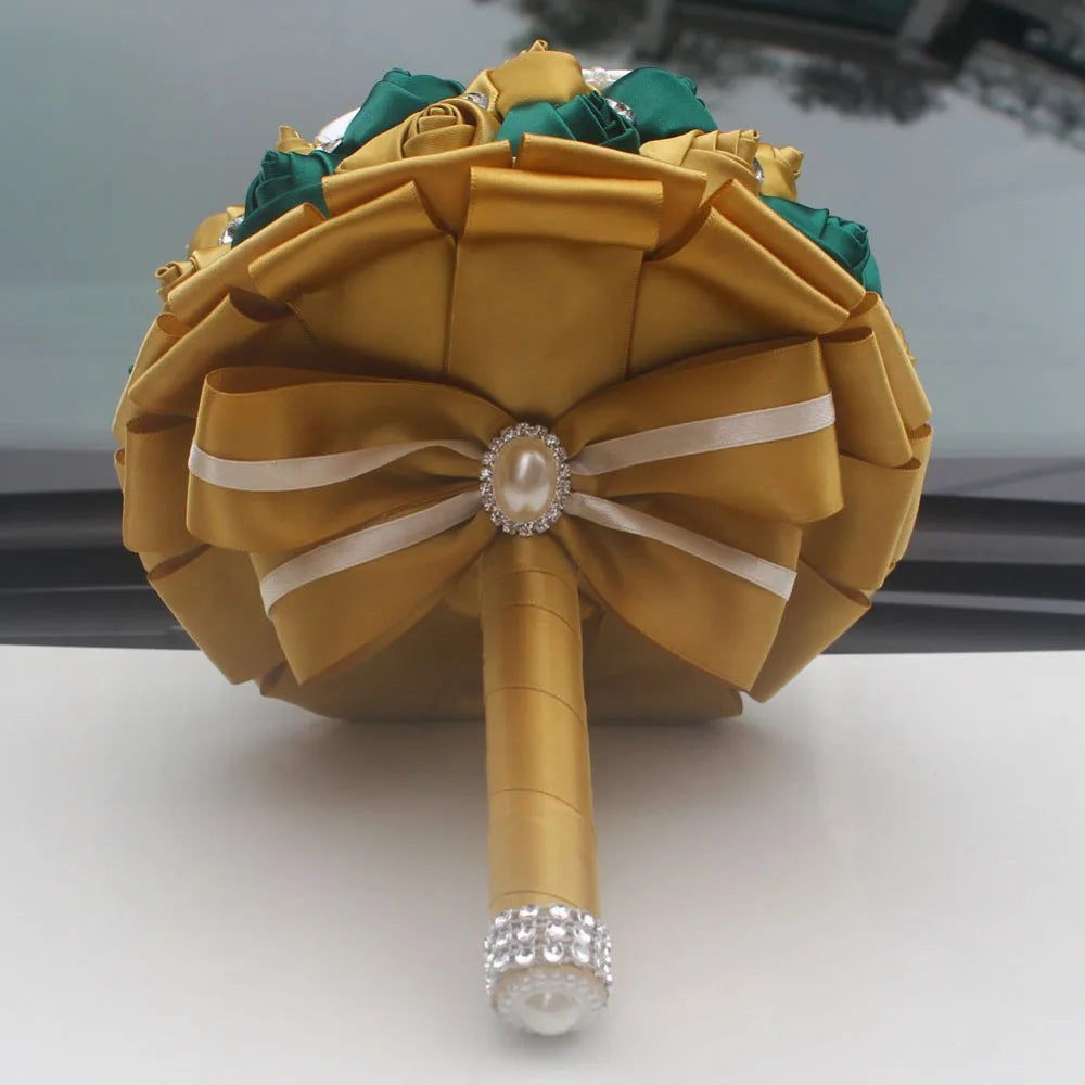 Golden with Emerald Green Artificial Rose Bride Bouquet with Diamond Ribbon  