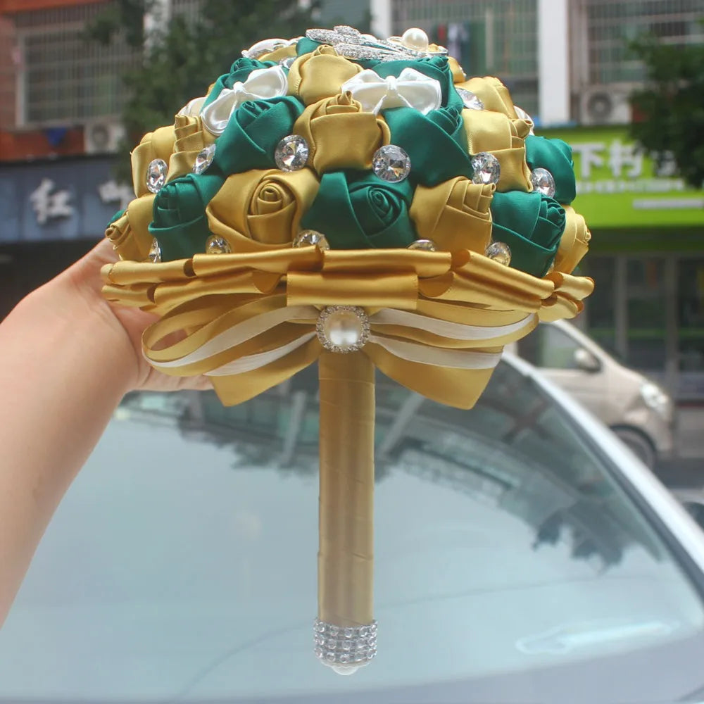 Golden with Emerald Green Artificial Rose Bride Bouquet with Diamond Ribbon  