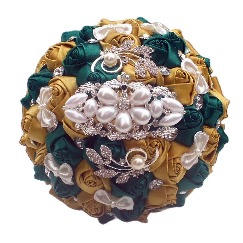 Golden with Emerald Green Artificial Rose Bride Bouquet with Diamond Ribbon  