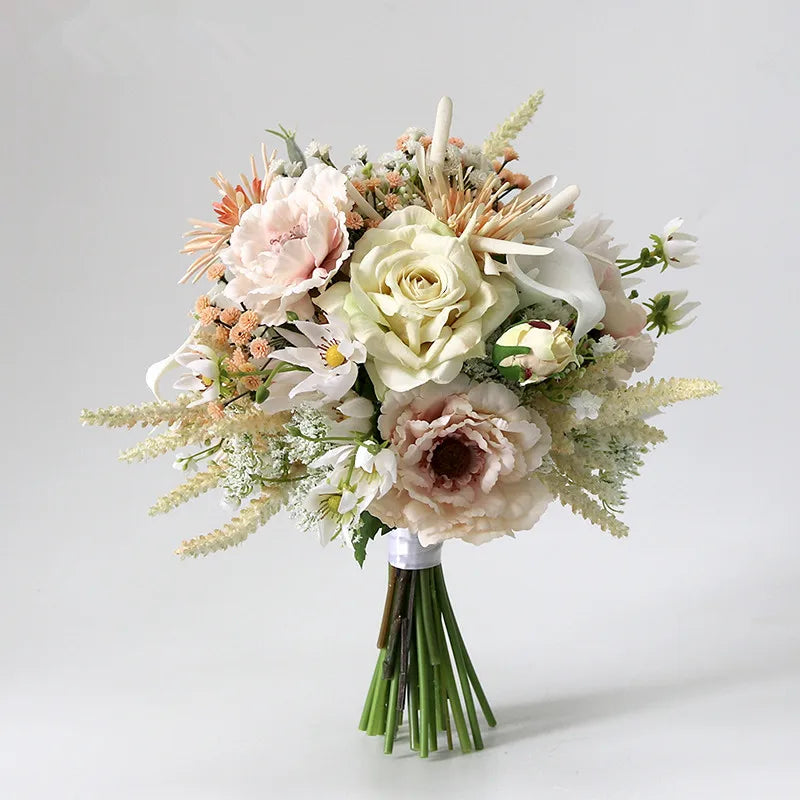 White and Ivory Bride Flowers Artificial Rose Bouquet Silk Peonies  