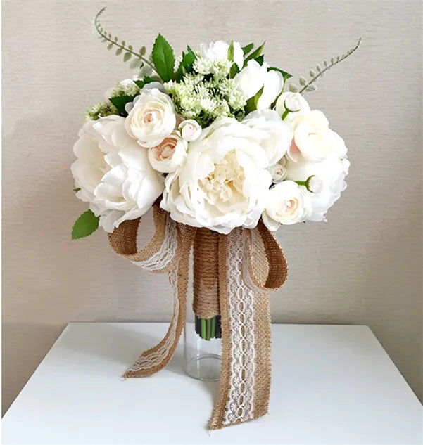 White and Ivory Bride Flowers Artificial Rose Bouquet Silk Peonies  