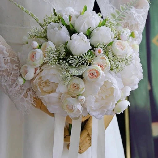 White and Ivory Bride Flowers Artificial Rose Bouquet Silk Peonies  