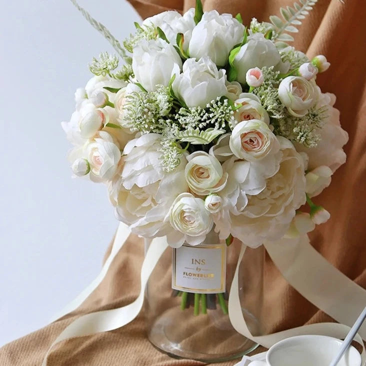 White and Ivory Bride Flowers Artificial Rose Bouquet Silk Peonies  