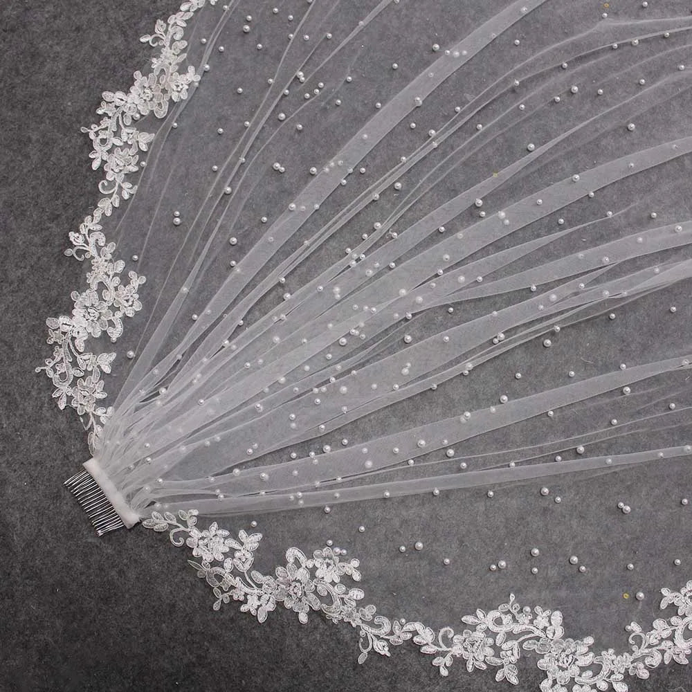 High Quality Pearls Wedding Veil with Lace Appliques Edge  