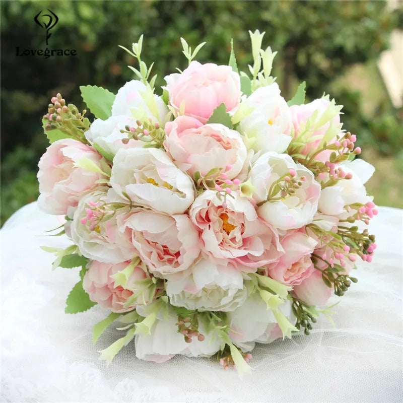 Bouquet Flowers Artificial Silk Peony Champagne  