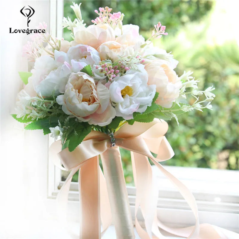 Bouquet Flowers Artificial Silk Peony Champagne  