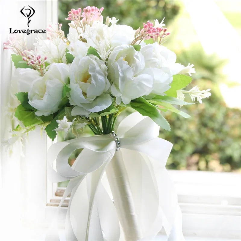 Bouquet Flowers Artificial Silk Peony Champagne  