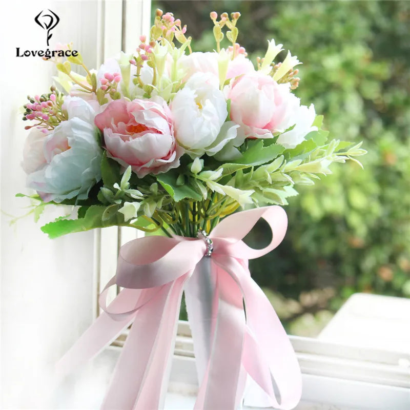 Bouquet Flowers Artificial Silk Peony Champagne  