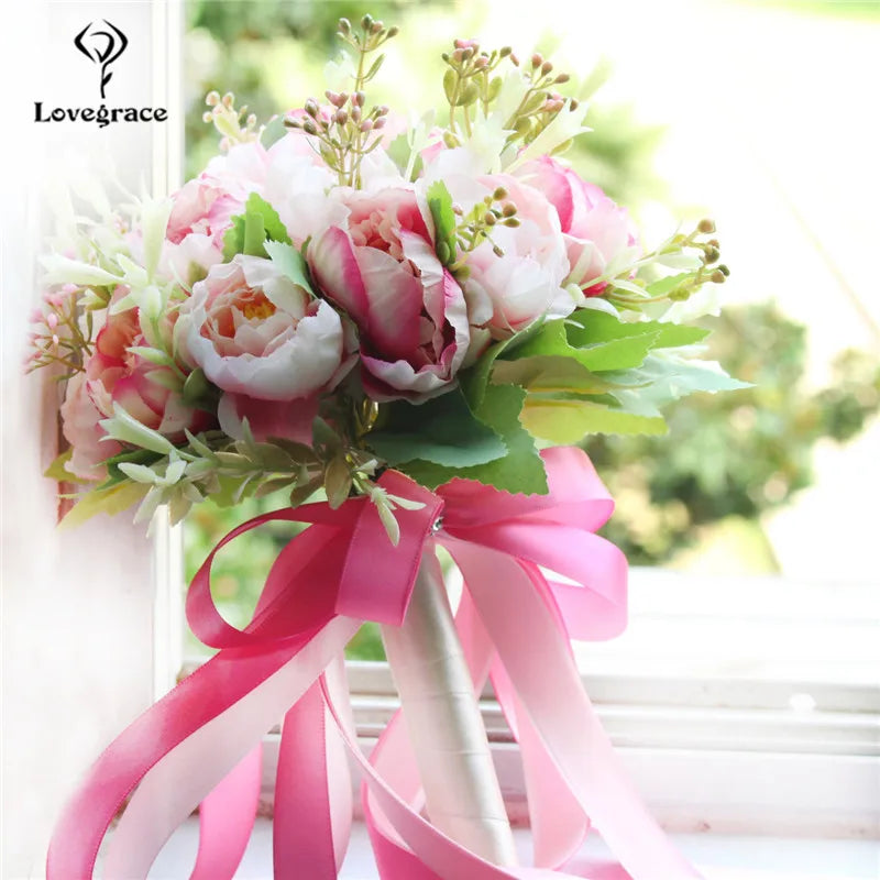 Bouquet Flowers Artificial Silk Peony Champagne  