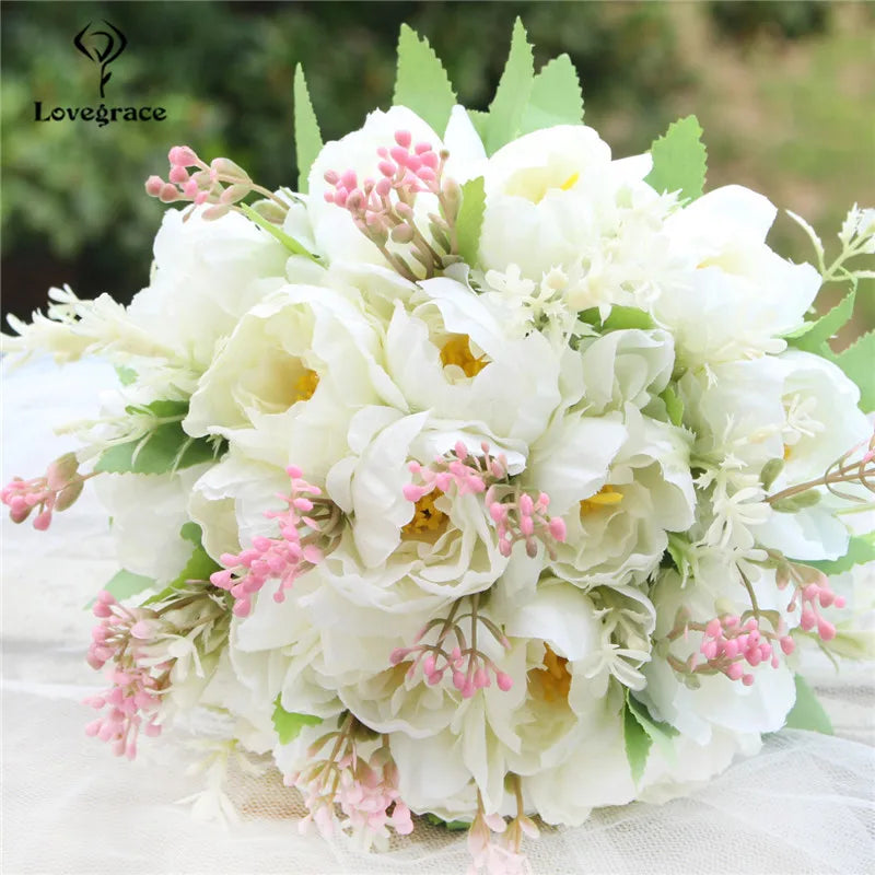 Bouquet Flowers Artificial Silk Peony Champagne  