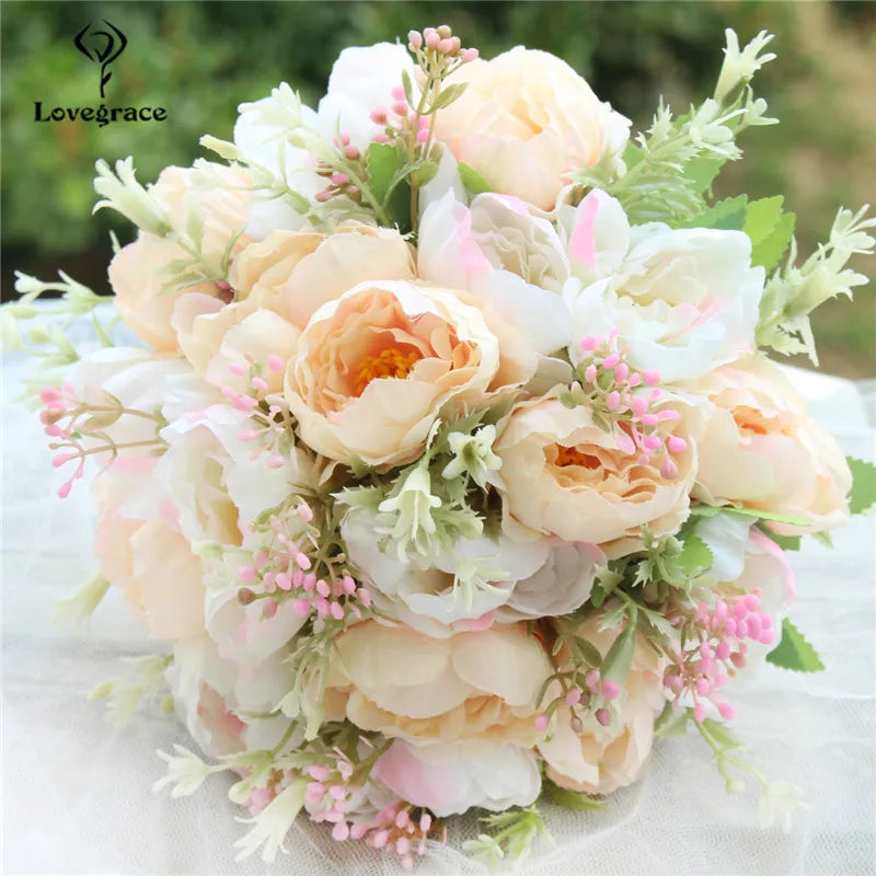 Bouquet Flowers Artificial Silk Peony Champagne  