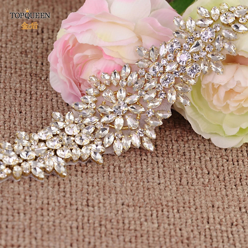 Luxury Bridal Belt Gold Rhinestone Applique Diamond Sash  