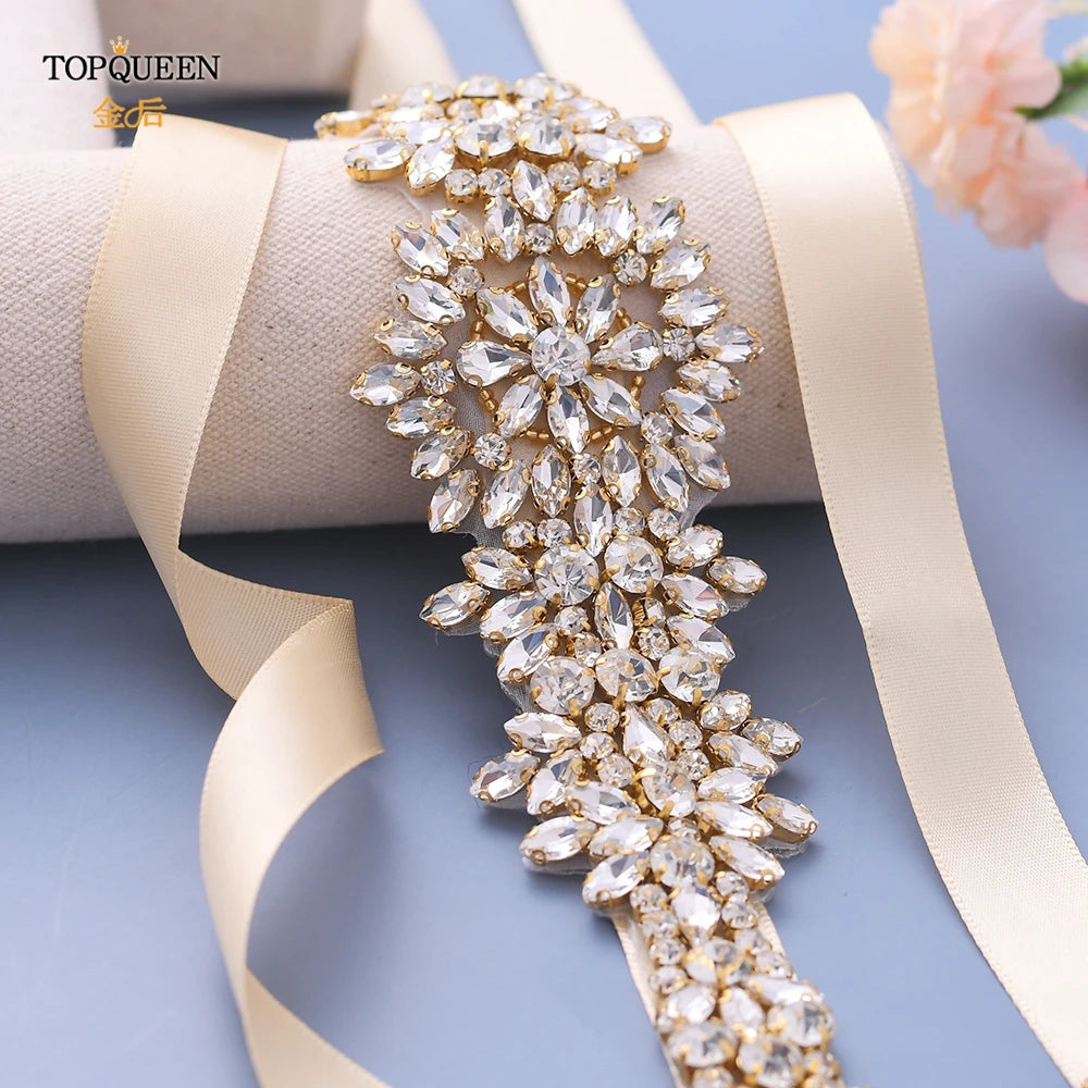 Luxury Bridal Belt Gold Rhinestone Applique Diamond Sash  