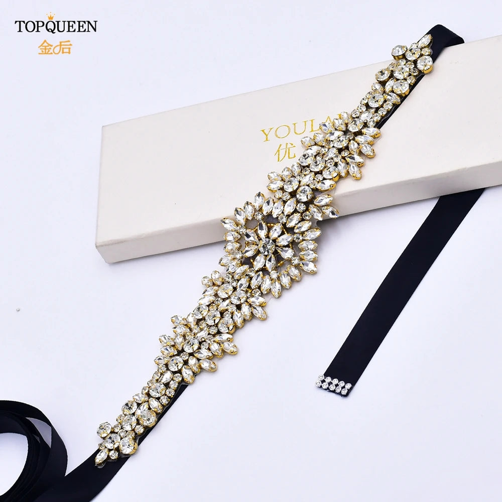 Luxury Bridal Belt Gold Rhinestone Applique Diamond Sash  