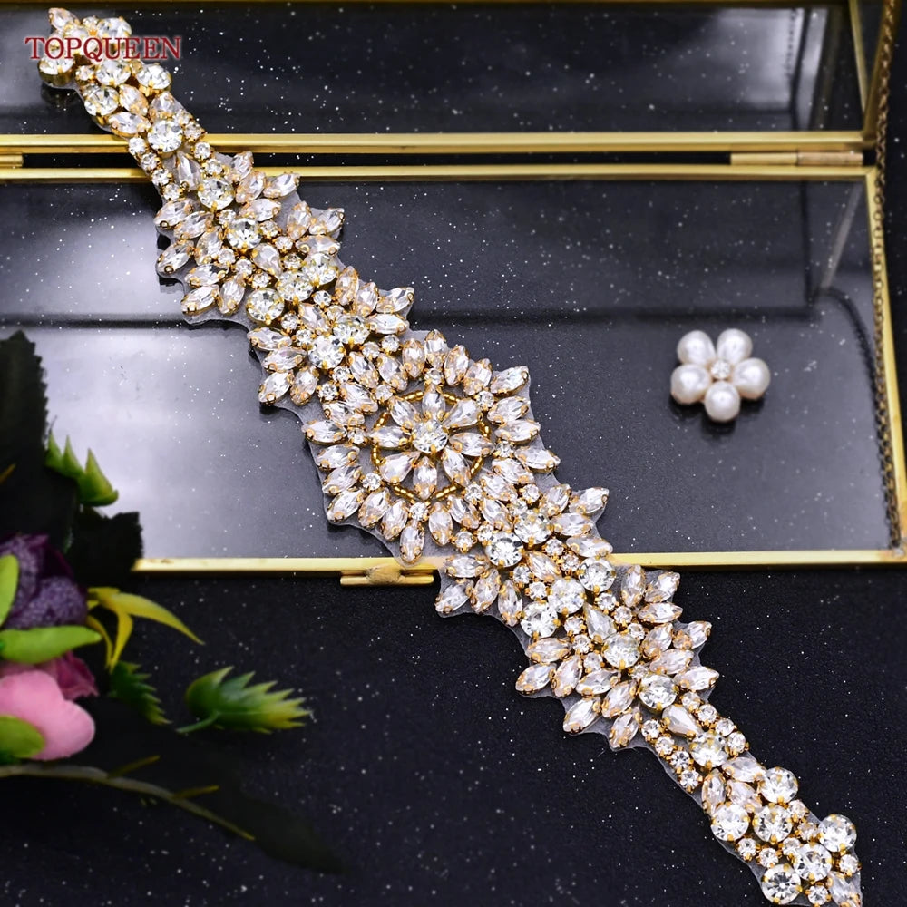 Luxury Bridal Belt Gold Rhinestone Applique Diamond Sash  