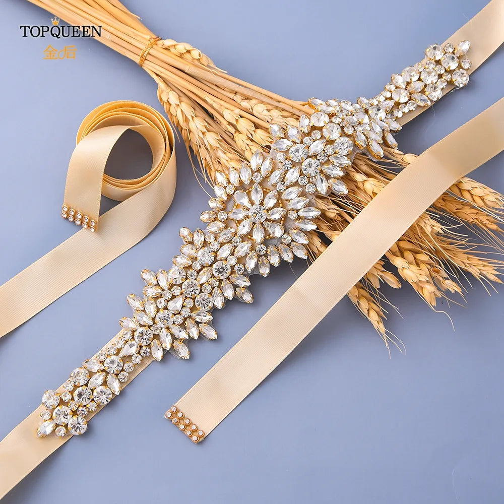 Luxury Bridal Belt Gold Rhinestone Applique Diamond Sash  