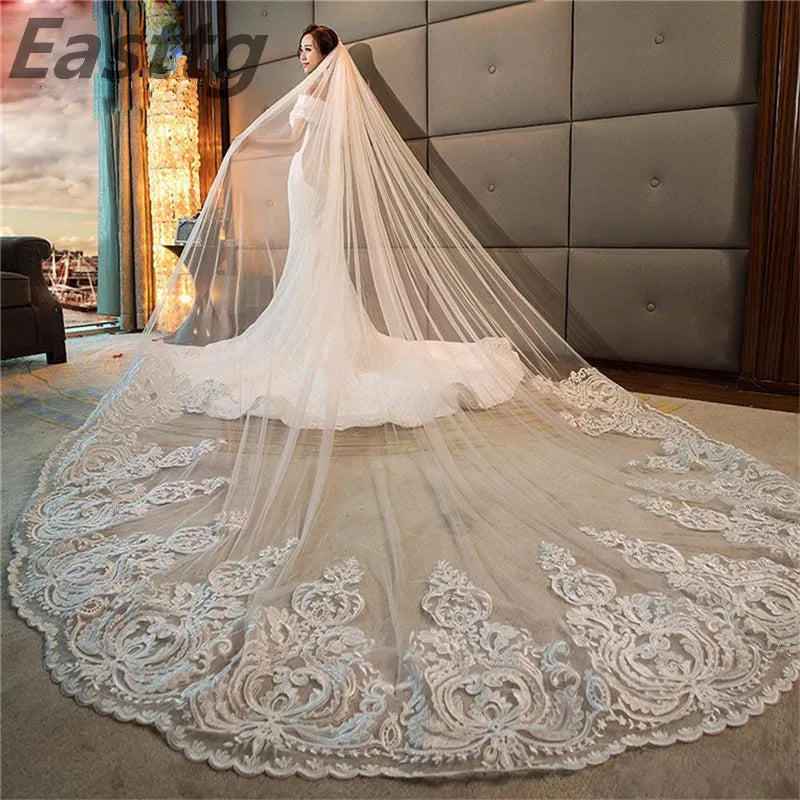 Luxury High Quality White/Ivory Long Bridal Veils Cathedral Length Lace 4M  