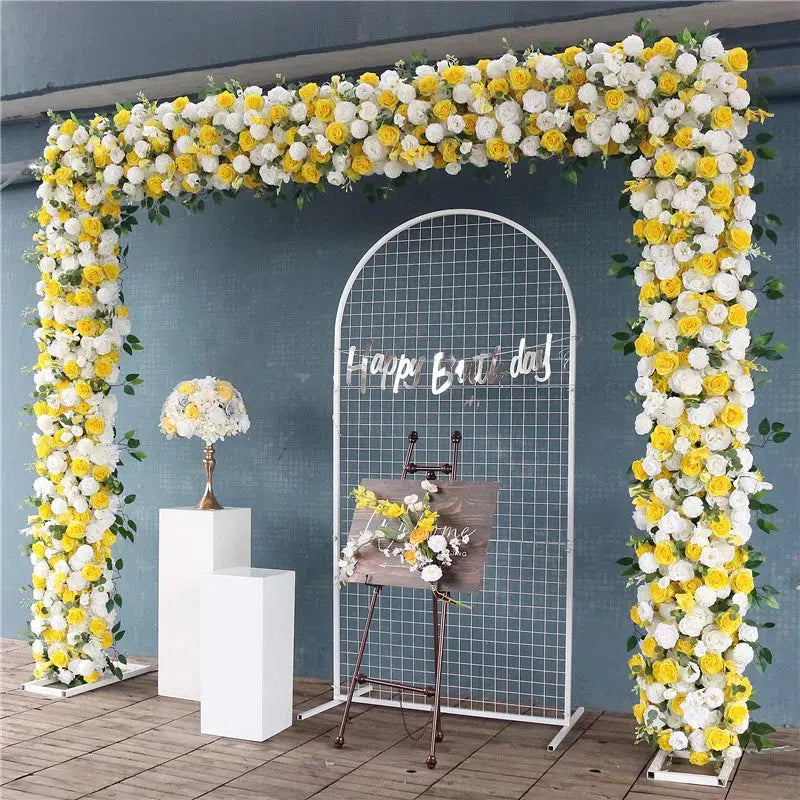 Luxury White Yellow Rose Artificial Flower Row Green Leaves Wedding Arch Backdrop  