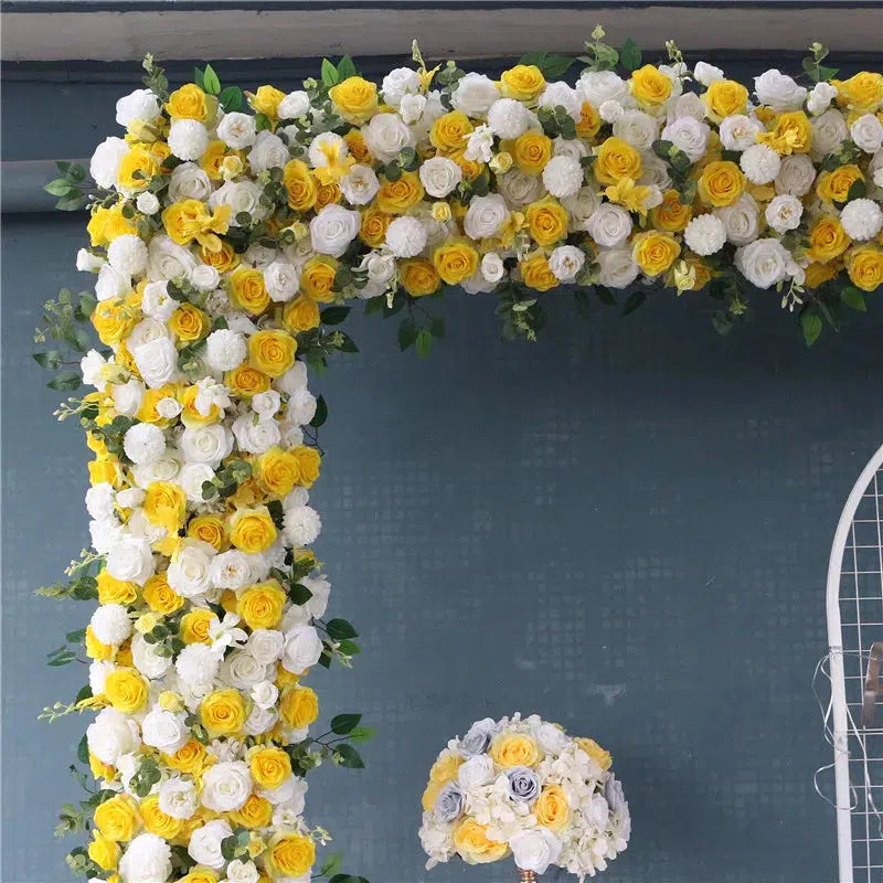 Luxury White Yellow Rose Artificial Flower Row Green Leaves Wedding Arch Backdrop  