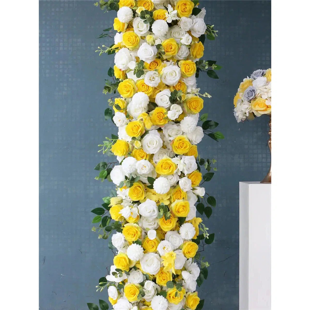 Luxury White Yellow Rose Artificial Flower Row Green Leaves Wedding Arch Backdrop  