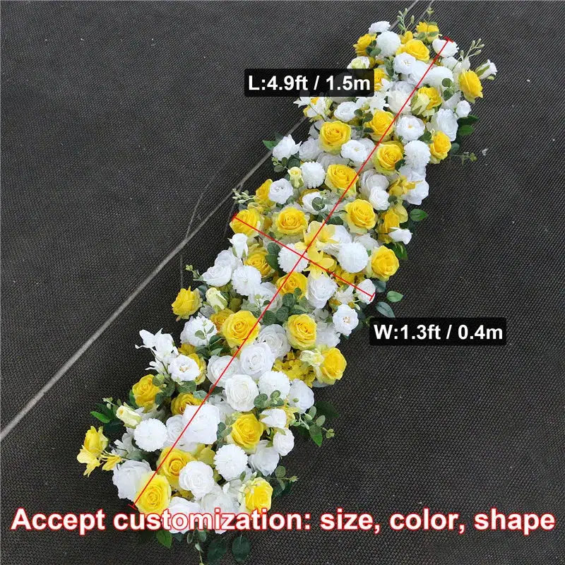 Luxury White Yellow Rose Artificial Flower Row Green Leaves Wedding Arch Backdrop  