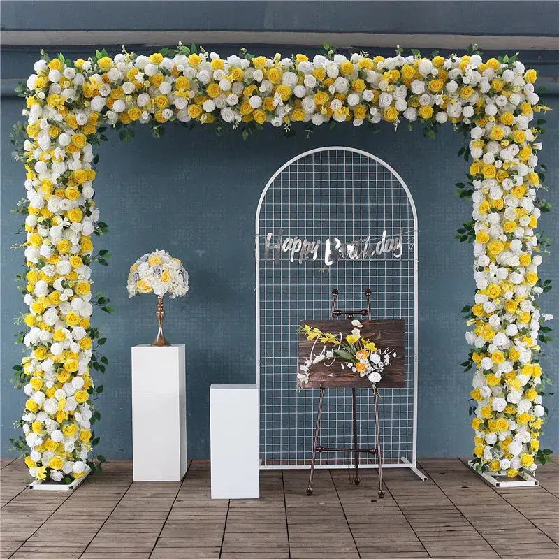 Luxury White Yellow Rose Artificial Flower Row Green Leaves Wedding Arch Backdrop  