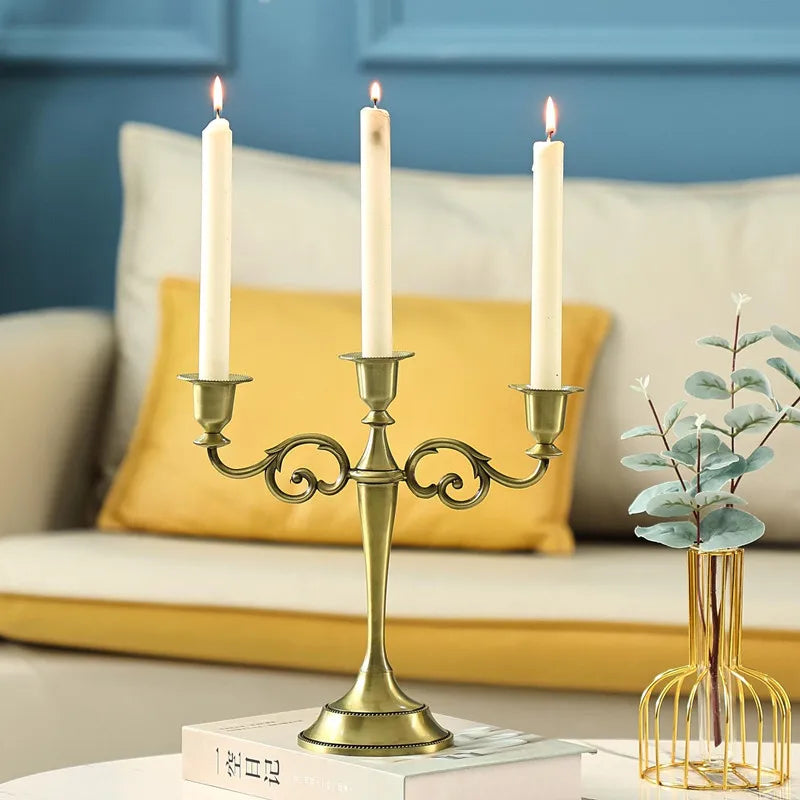 Metal Gold Bronze Plated Candle Holder Retro 3-Arms Candelabra  