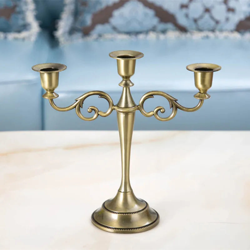 Metal Gold Bronze Plated Candle Holder Retro 3-Arms Candelabra  