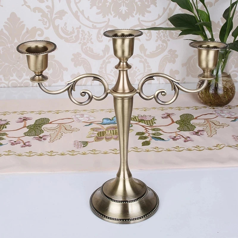 Metal Gold Bronze Plated Candle Holder Retro 3-Arms Candelabra  