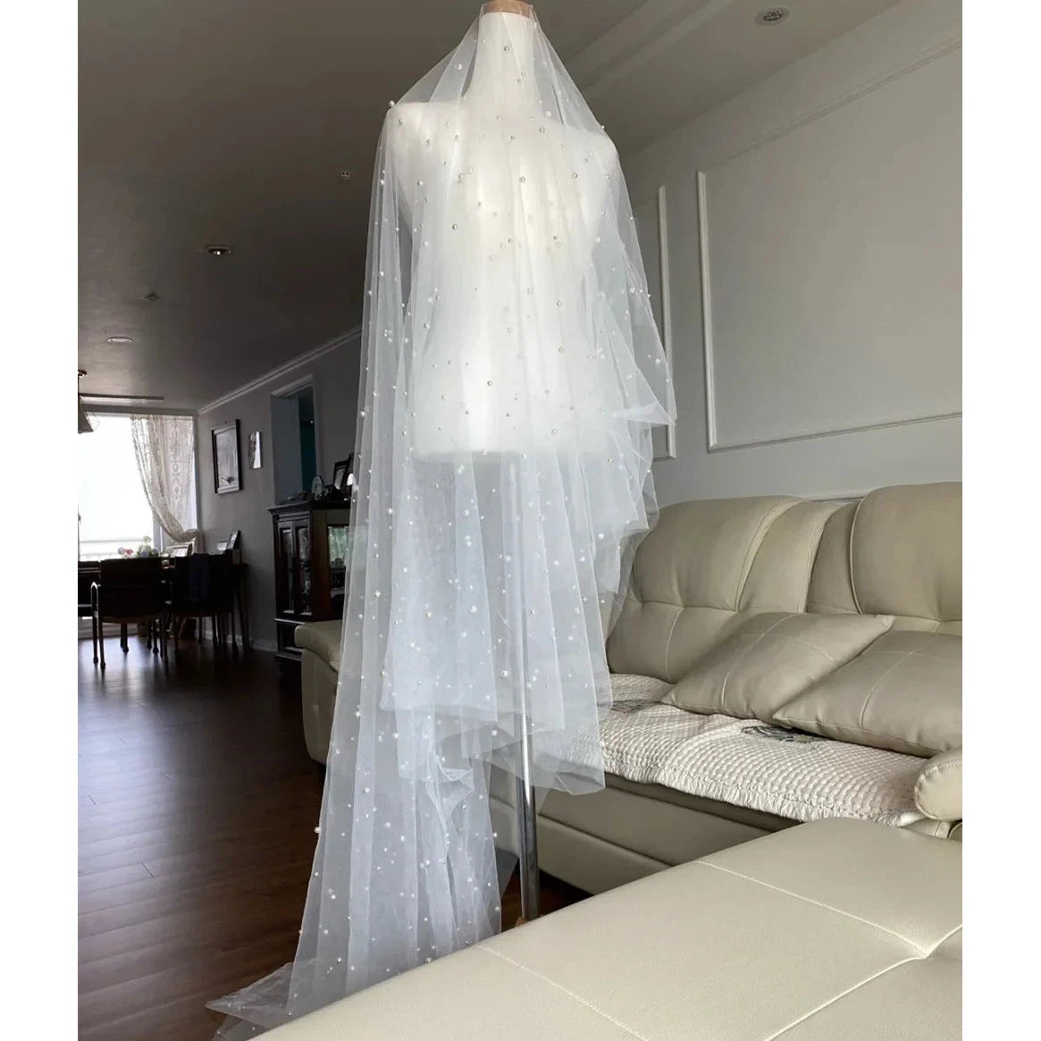 Pearls 2 Tiers Blusher Wedding Veil Drop Beads Cathedral 300cm  