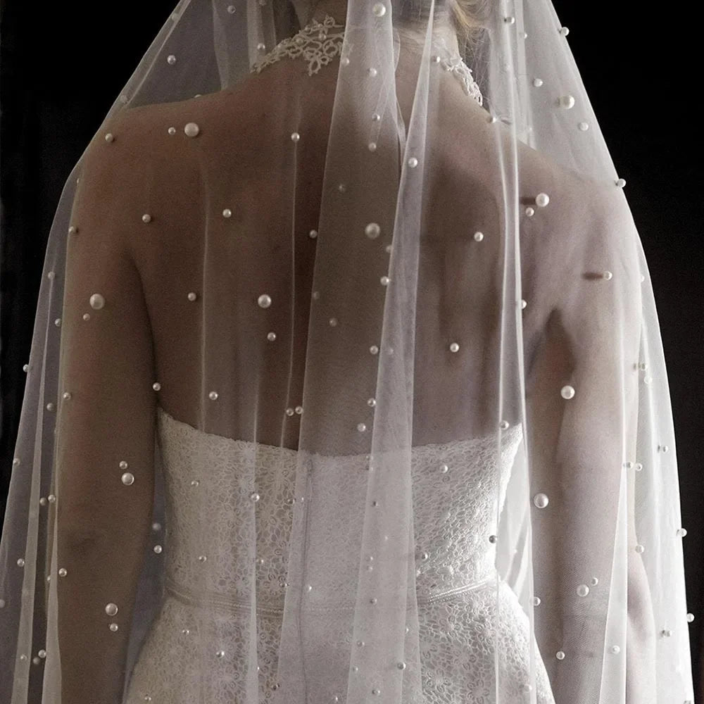 Pearls 2 Tiers Blusher Wedding Veil Drop Beads Cathedral 300cm  