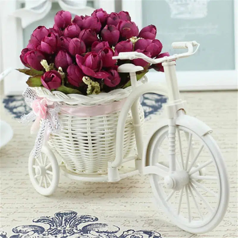 Rattan Bike Vase with Silk Flowers Rose  Daisy  