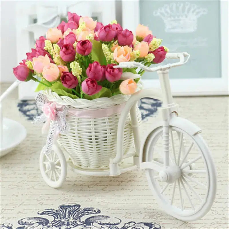 Rattan Bike Vase with Silk Flowers Rose  Daisy  